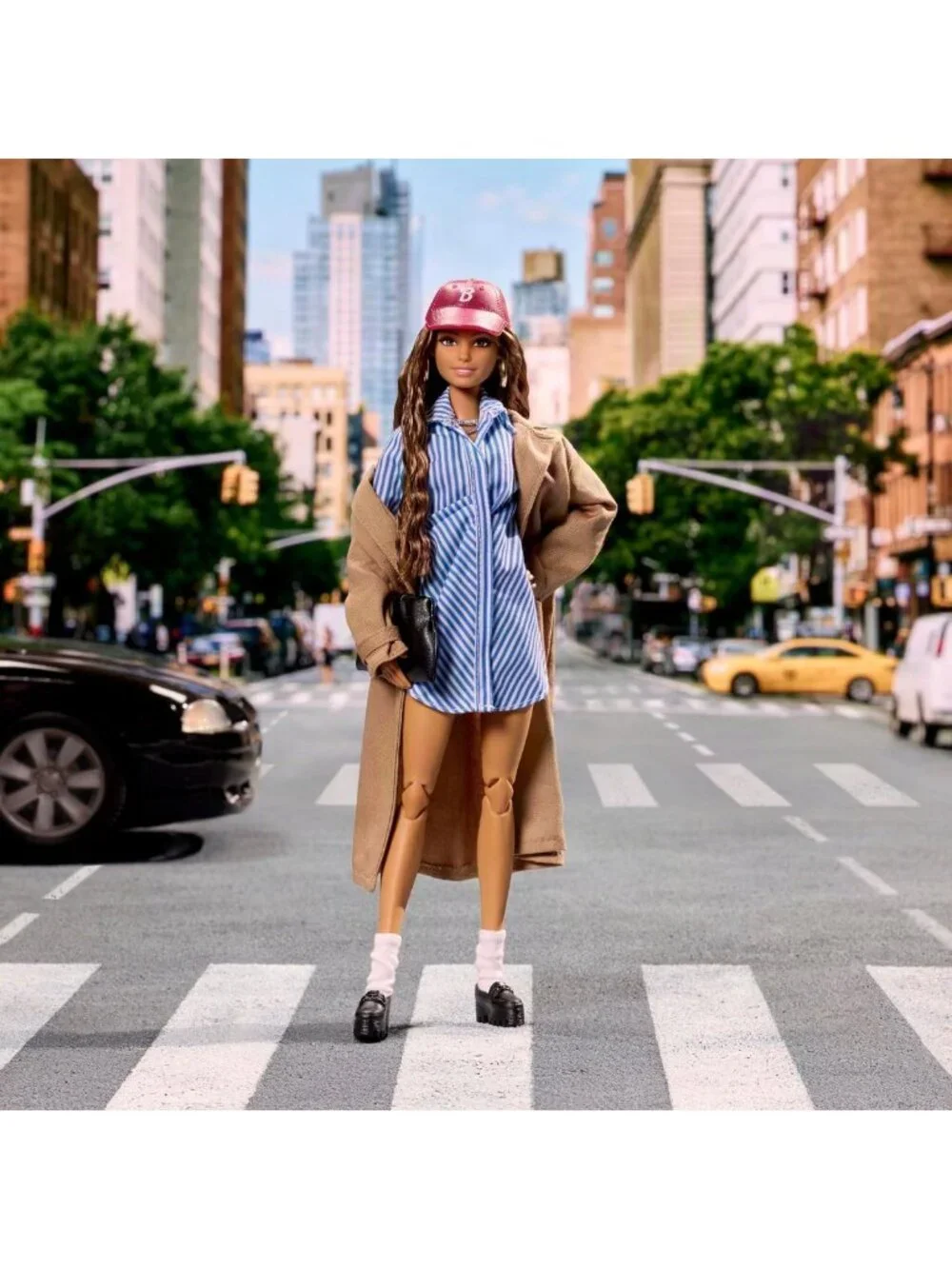 Fashion Week Collectible Doll | Stylish Blue Dress & Brown Coat | NYC Street